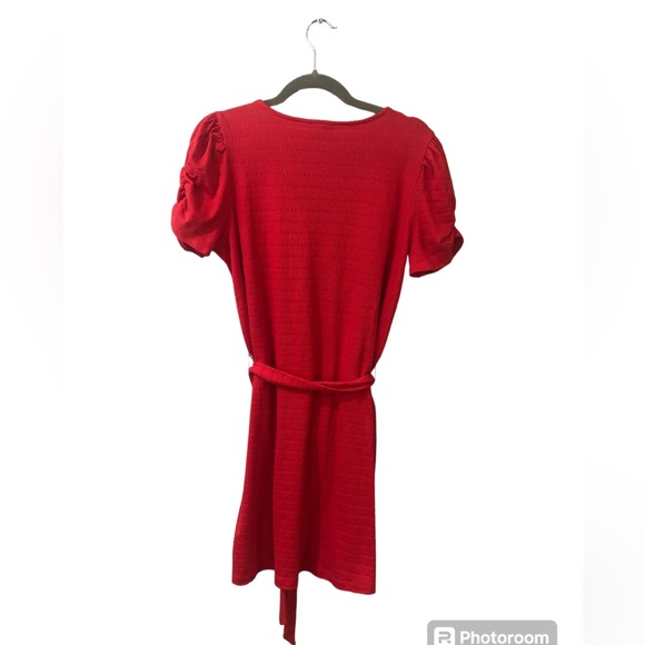 Loft Tee Shirt Dress Stretchy Cotton Blend Red “Seersucker” Ruched Sleeve V Neck - Picture 2 of 9